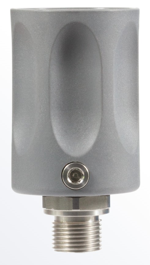 Gray cylindrical industrial sensor with threaded connector